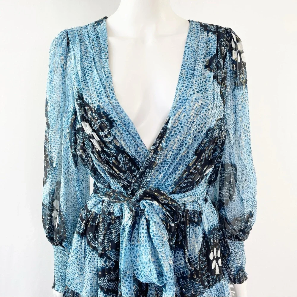 Ulla Johnson NOEMI Dress Size 12 Silk Metallic Mini Shibori Print in Sky Blue - Picture 6 of 16